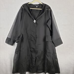 Donna White Women's L Semi‎ Sheer Nylon Overcoat Black Button Front Whimsigoth